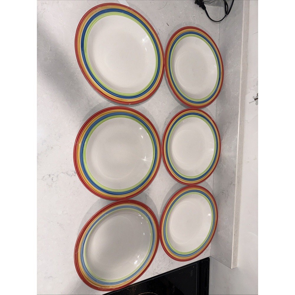 Set of 6 Gibson Designs Dinner Plates RAINBOW, COLOR VIBES Hand Painted  10.7